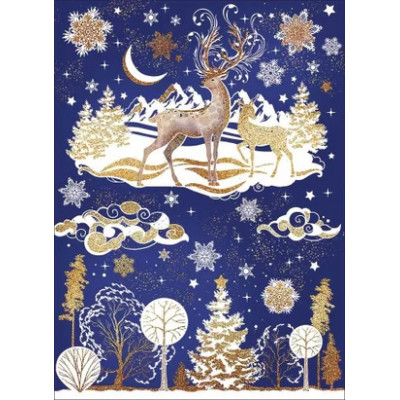 **НГ НаклейкиДляОкон_А2(Праздник) Олени в лесу [67.2*48.9см|двусторонн.|зол.блестки в лаке] (0200793)