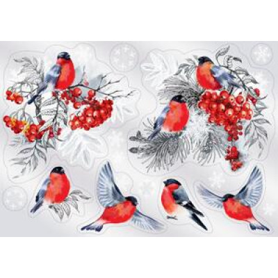**НГ НаклейкиДляОкон_А3(Праздник) Снегири и рябина [33.2*47см|двусторонн.|глянц.УФ-лак] (0201088)