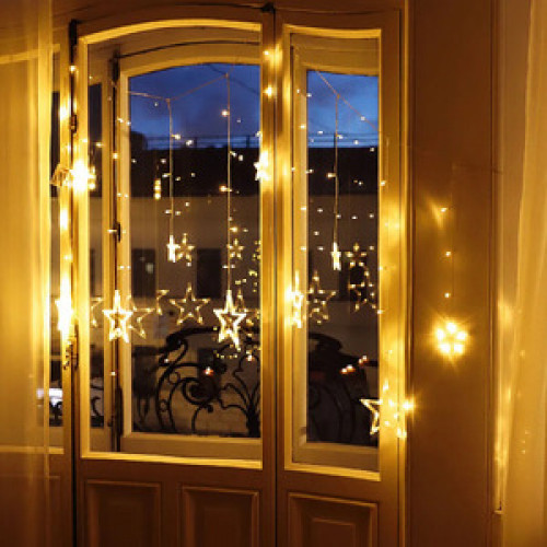 **НГ Гирлянда электрическая (Миленд) Штора[2.5м] Бахрома Звезды (прозр.нить|192лампы|тепл.бел.свет|8режимов) (ГШ-0003)