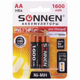 Батарейки аккумуляторные SONNEN, АА (HR06), Ni-Mh, 1600mAh, 2 шт, в блистере, 454233
