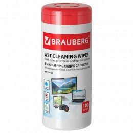 Чистящие салфетки BRAUBERG для экранов и оптических поверхностей, влажные, в тубе 100 шт., 510122