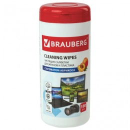 Чистящие салфетки BRAUBERG для экранов и пластика с ароматом АБРИКОСА, в тубе 100шт, влажные, 513321