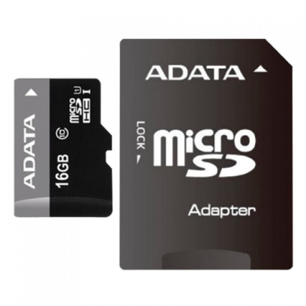 Карта памяти micro SDHC, 16 GB, A-DATA Premier, 50 Мб/сек. (class 10), с адаптером, AUSDH16GUICL10