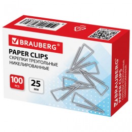 Скрепки BRAUBERG, 25 мм, никелированные, треугольные, 100 шт., в картонной коробке, 2, 270440