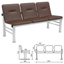 Кресло для посетителей трехсекционное Троя, 745х1470х600 мм, светлый каркас, кожзам коричневый, СМ 105-03 К006