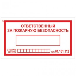 Знак вспомогательный Ответственный за пожарную безопасность, прямоугольник, 250х140 мм, самоклейка, 610049/В 43