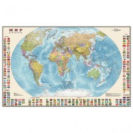Карта настенная Мир. Политическая карта с флагами, М-1:30 млн., размер 122х79 см, ламинированная, тубус, 377
