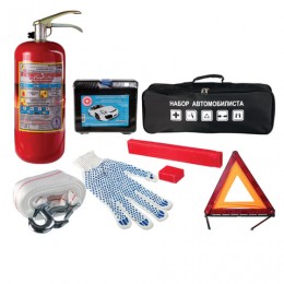 Автомобильный набор универсальный: аптечка, огнетушитель ОП-2, трос усиленный, аварийный знак, сумка, 10856