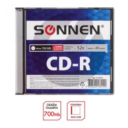 Диск CD-R SONNEN, 700 Mb, 52x, Slim Case (1 штука), 512572