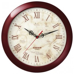 Часы настенные TROYKA 11131150, круг, бежевые с рисунком Карта, коричневая рамка, 29х29х3,5 см