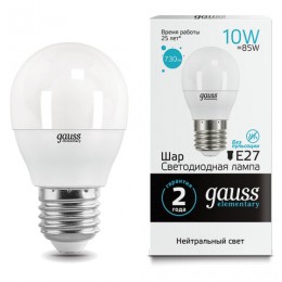 Лампа светодиодная GAUSS, 10(85)Вт, цоколь Е27, шар, нейтральный белый, 25000 ч, LED G45-10W-4100-E27, 53220