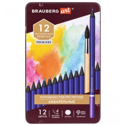 Карандаши художественные цветные акварельные BRAUBERG ART PREMIERE, 12 цветов, грифель 4 мм, металл 181533