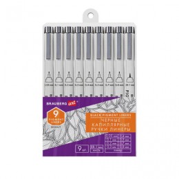 Капиллярные ручки линеры 9шт черные 0,05-0,8мм/Кисть S, BRAUBERG ART DEBUT, XXXXXX, 143944