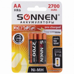 Батарейки аккумуляторные SONNEN, АА (HR06), Ni-Mh, 2700mAh, 2 шт, в блистере, 454235